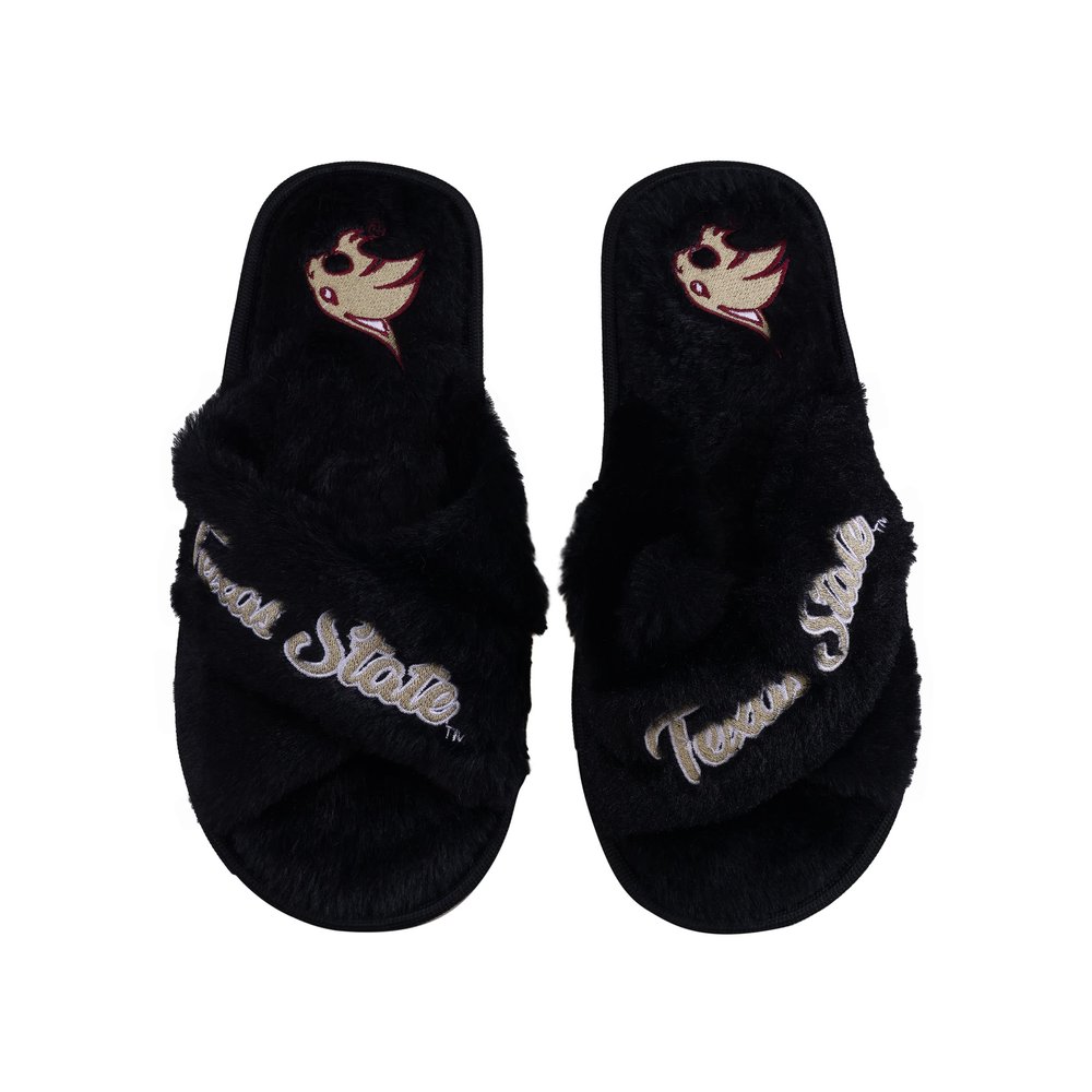 FOCO Women's NCAA College Team Logo Cross Band Soft Plush Furry Cozy Open Toe House Shoes Slippers, Texas State Bobcats, X-Large 11-12