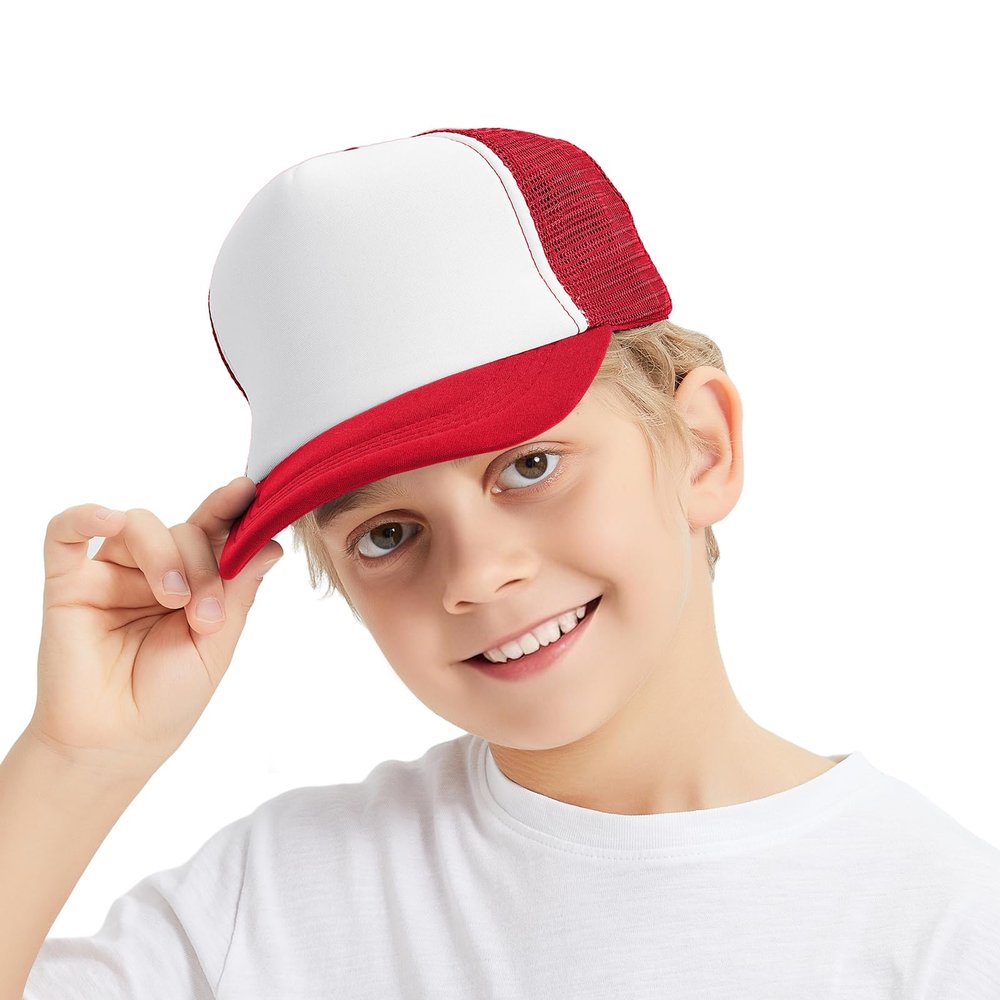 TopTie Kids 5 Panel Trucker Cap Mesh Snapback Hat Foam Front for Boys Girls Aged 3-7 Years Old-Red/White