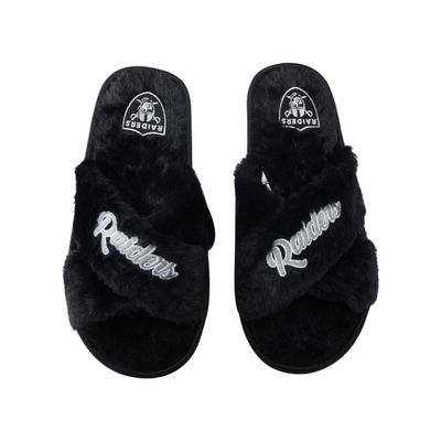 FOCO Women's NFL Team Logo Cross Band Soft Plush Furry Cozy Open Toe House Shoes Slippers, Las Vegas Raiders, Medium 7-8