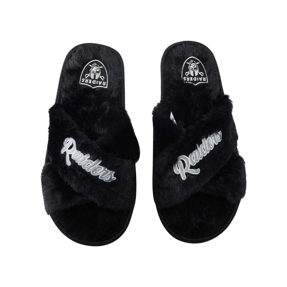 FOCO Women's NFL Team Logo Cross Band Soft Plush Furry Cozy Open Toe House Shoes Slippers, Las Vegas Raiders, Medium 7-8