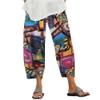Akivide Women's Loose Plus Size Cotton Wide Leg Pants Linen Elastic Waist Casual Cropped Trousers with Pockets (XX-Large, Yellow Print) view 2