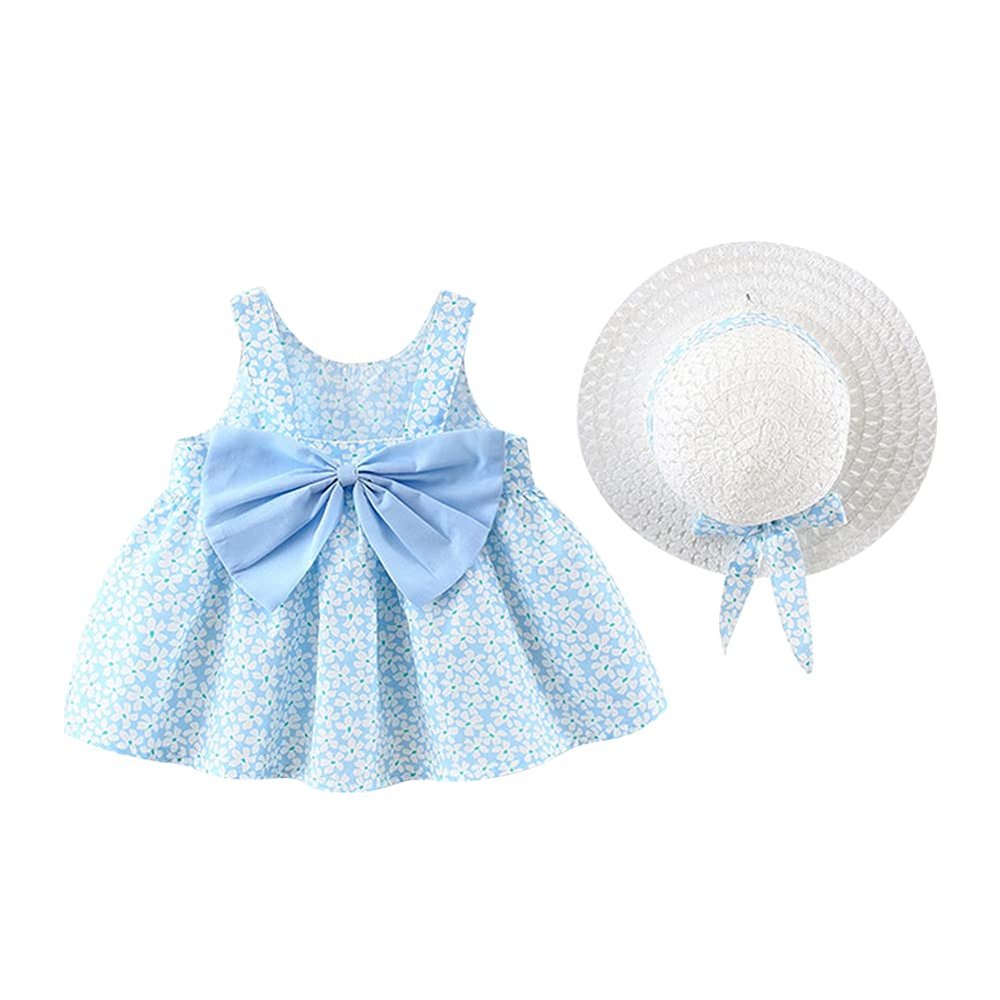 Toddler Baby Girls Tutu Dress Clothes Summer Sleeveless Hawaiian Holiday Dress Backless Princess Birthday Party Outfit Boho Wedding Flower Bowknot Sundress with Straw Hat Set Green Floral 3-4 Years