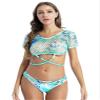 Hularka Women's Stylish Print 2Pcs Bikini Set Hollow Out Mesh Short Sleeves Crop Top with Panty Blue Large view 1