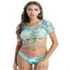 Hularka Women's Stylish Print 2Pcs Bikini Set Hollow Out Mesh Short Sleeves Crop Top with Panty Blue Large view 2