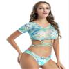 Hularka Women's Stylish Print 2Pcs Bikini Set Hollow Out Mesh Short Sleeves Crop Top with Panty Blue Large view 4