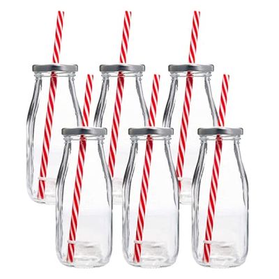 Dairy Reusable Glass Milk Bottles with Straws and Metal Screw on Lids, Set of 6, 10.5 oz, Clear