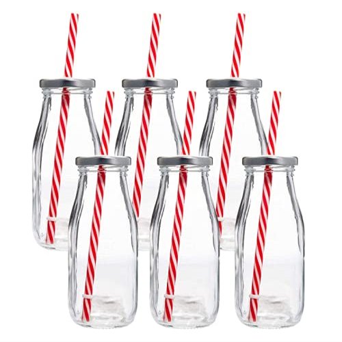 Dairy Reusable Glass Milk Bottles with Straws and Metal Screw on Lids, Set of 6, 10.5 oz, Clear