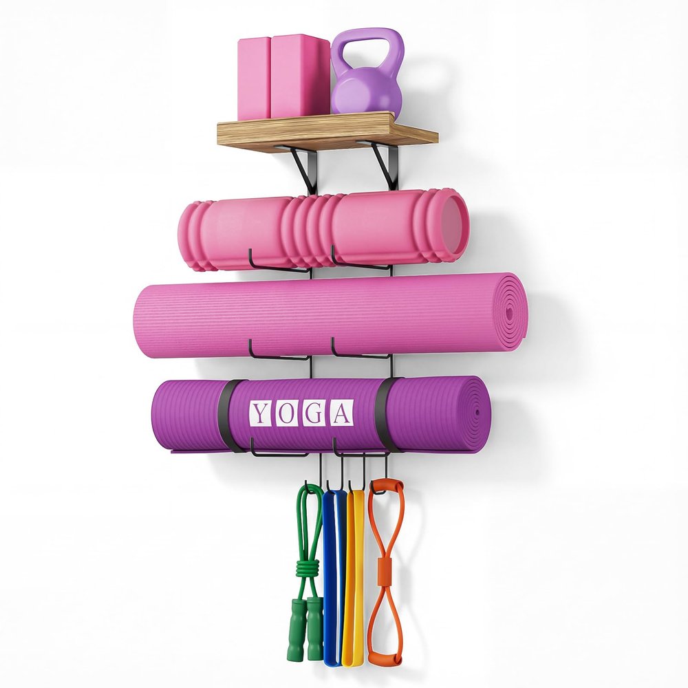 Bikoney Yoga Mat Holder Wall Mount Yoga Mat Storage Home Gym Accessories with Wood Floating Shelves and 4 Hooks for Hanging Foam Roller and Resistance Bands Fitness Home Gym Carbonized Black