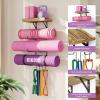 Bikoney Yoga Mat Holder Wall Mount Yoga Mat Storage Home Gym Accessories with Wood Floating Shelves and 4 Hooks for Hanging Foam Roller and Resistance Bands Fitness Home Gym Carbonized Black view 2
