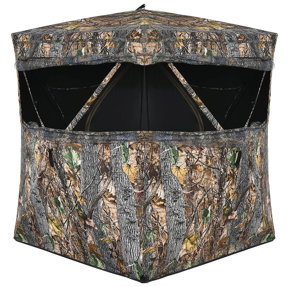 Tangkula 3 Person Pop up Ground Blind, Portable Hunting Blind with Mesh Windows, Carrying Bag & Ground Stakes, Camouflage Hunting Tent with Hub System, Camo Deer Blinds for Hunting