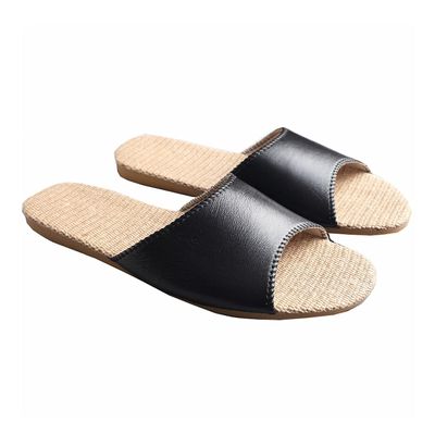 GHYUB Casual Linen Slippers,Leather Slippers for Men Indoor, Open Toes Indoor Slippers Leather Splicing Sandals Casual House Shoes Bedroom Slippers Office Slippers Gift for Mens Womens