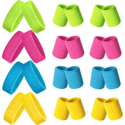 24 Pieces 80s Neon Sweatbands Set, Include 8 Sports Headbands and 16 Sweat Wristbands Elastic Athletic Tennis Sweat Bands Bulk for Man Woman(Multicolor)