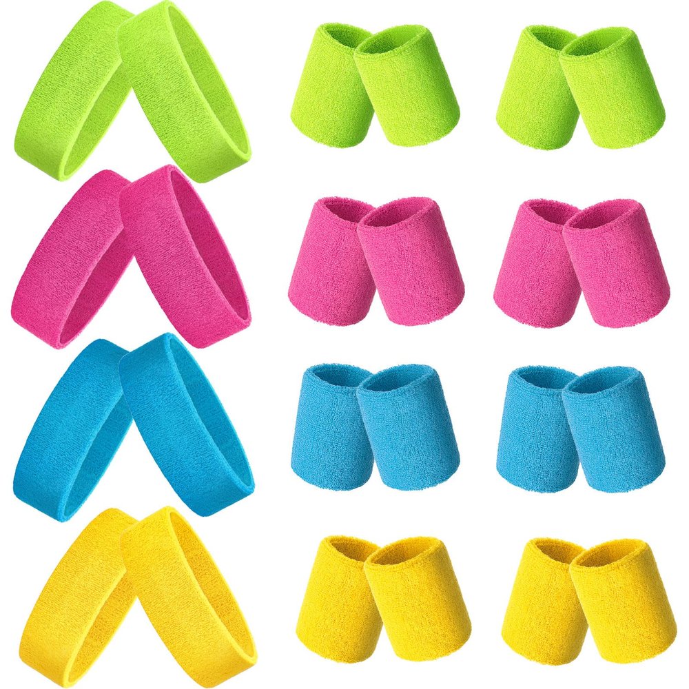 24 Pieces 80s Neon Sweatbands Set, Include 8 Sports Headbands and 16 Sweat Wristbands Elastic Athletic Tennis Sweat Bands Bulk for Man Woman(Multicolor)