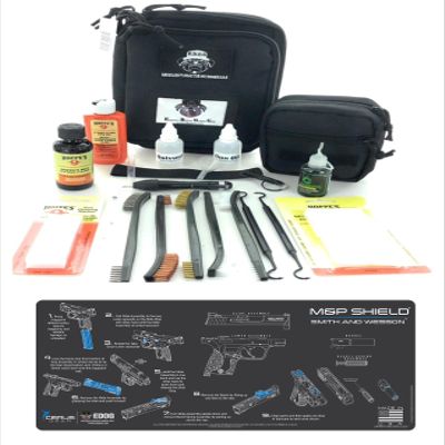 RangeMaster Elite EDC Bag Gun Cleaning Kit- Compatible for S&W M&P Shield - Instructional Step by Step Mat with Hoppes Gun Oil No.9 Solvent & Patches Clenzoil CLP 10 Pc Cleaning Accessories Set