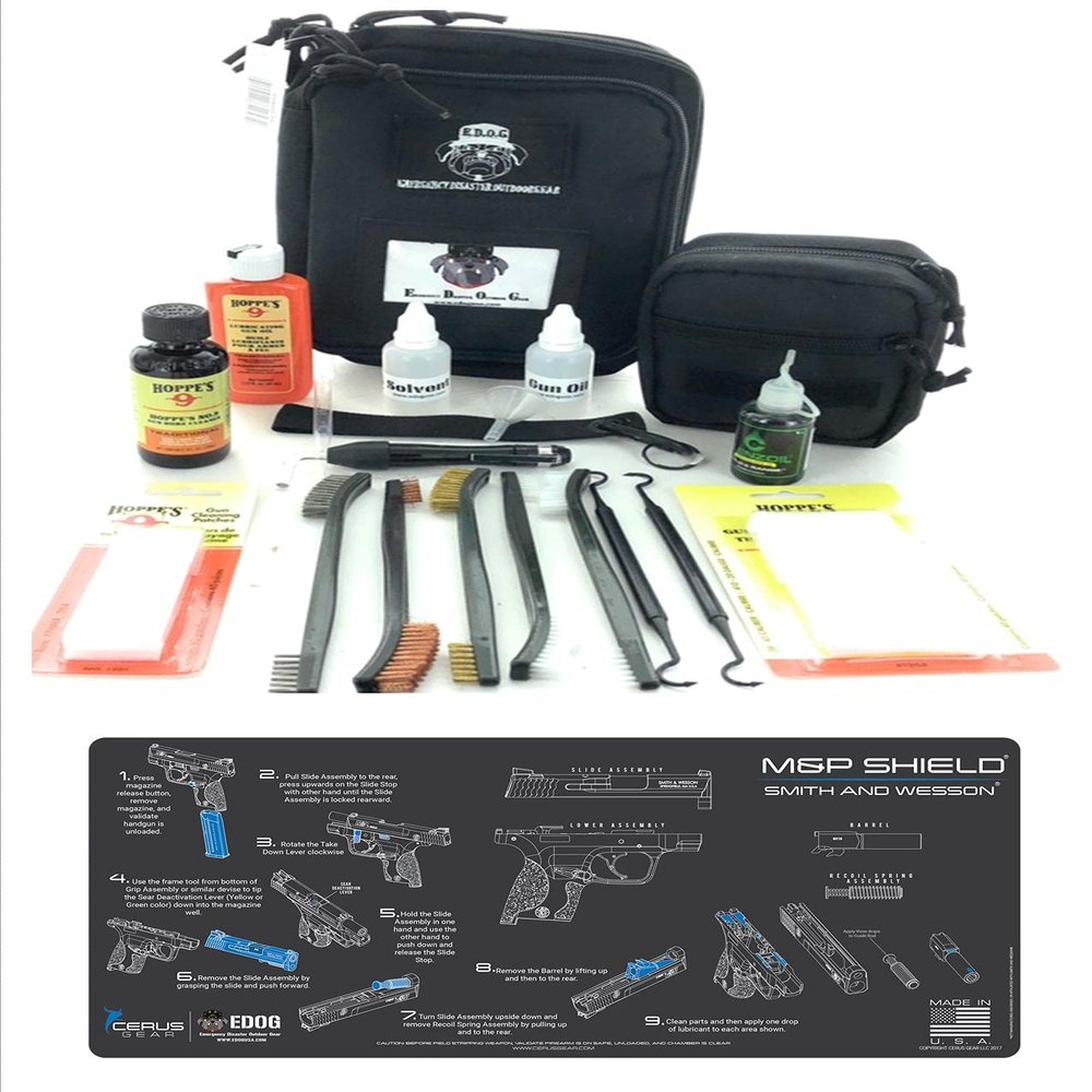 RangeMaster Elite EDC Bag Gun Cleaning Kit- Compatible for S&W M&P Shield - Instructional Step by Step Mat with Hoppes Gun Oil No.9 Solvent & Patches Clenzoil CLP 10 Pc Cleaning Accessories Set