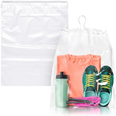 APQ Supply Clear Drawstring Travel Bag for Shoes, 12 x 16 Inches. Pack of 100 Waterproof Dust Bags for Shoes with Double Cotton Drawstrings. 2 mil PE Plastic Drawstring Bags for Packing, Storage
