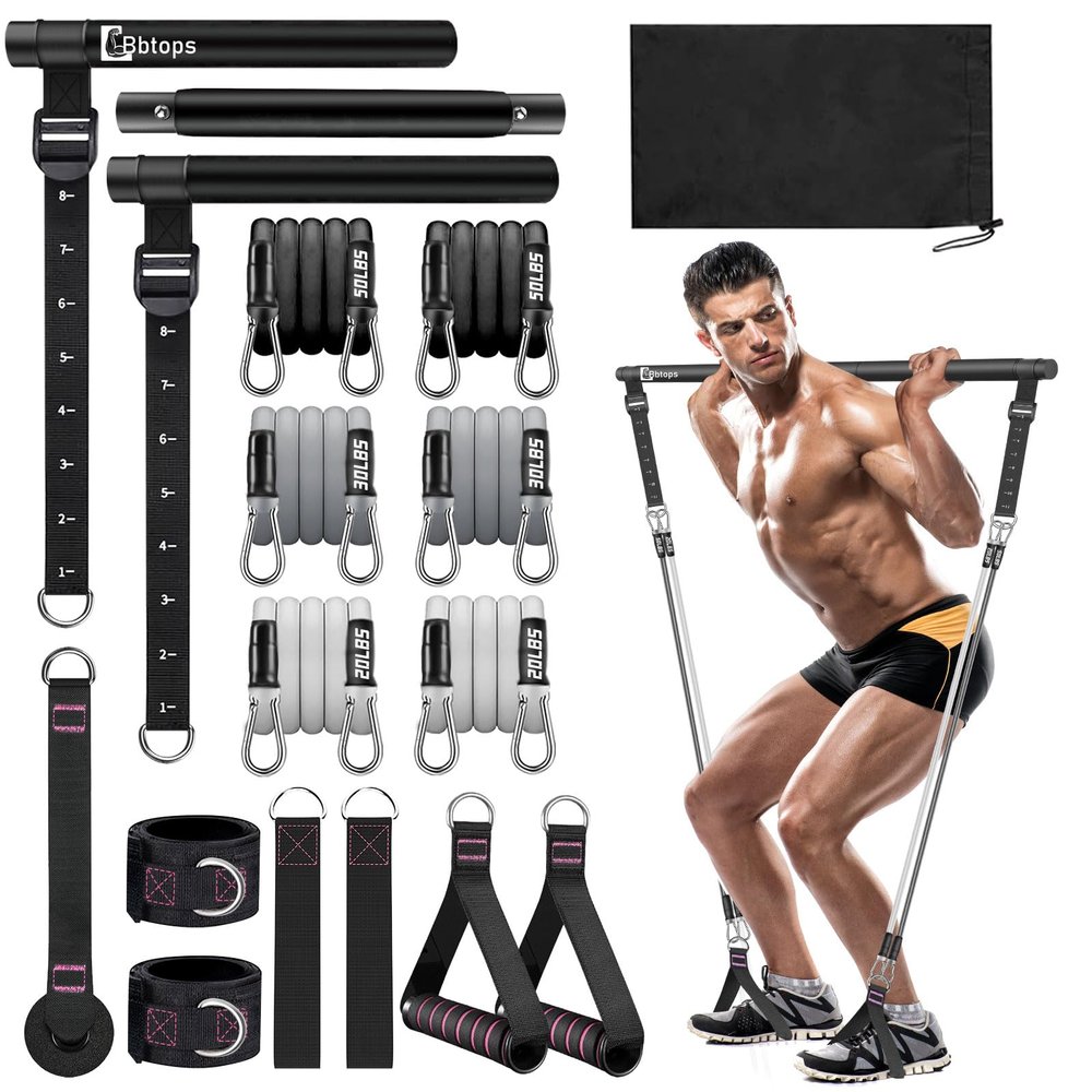 Pilates Bar Kit with Resistance Bands(4 x Bands),3-Section Pilates Bar with Stackable Bands Workout Equipment for Legs,Hip,Waist and Arm,Adjustable Pilates Flexbands Kit Home Gym Yoga Pilates Black