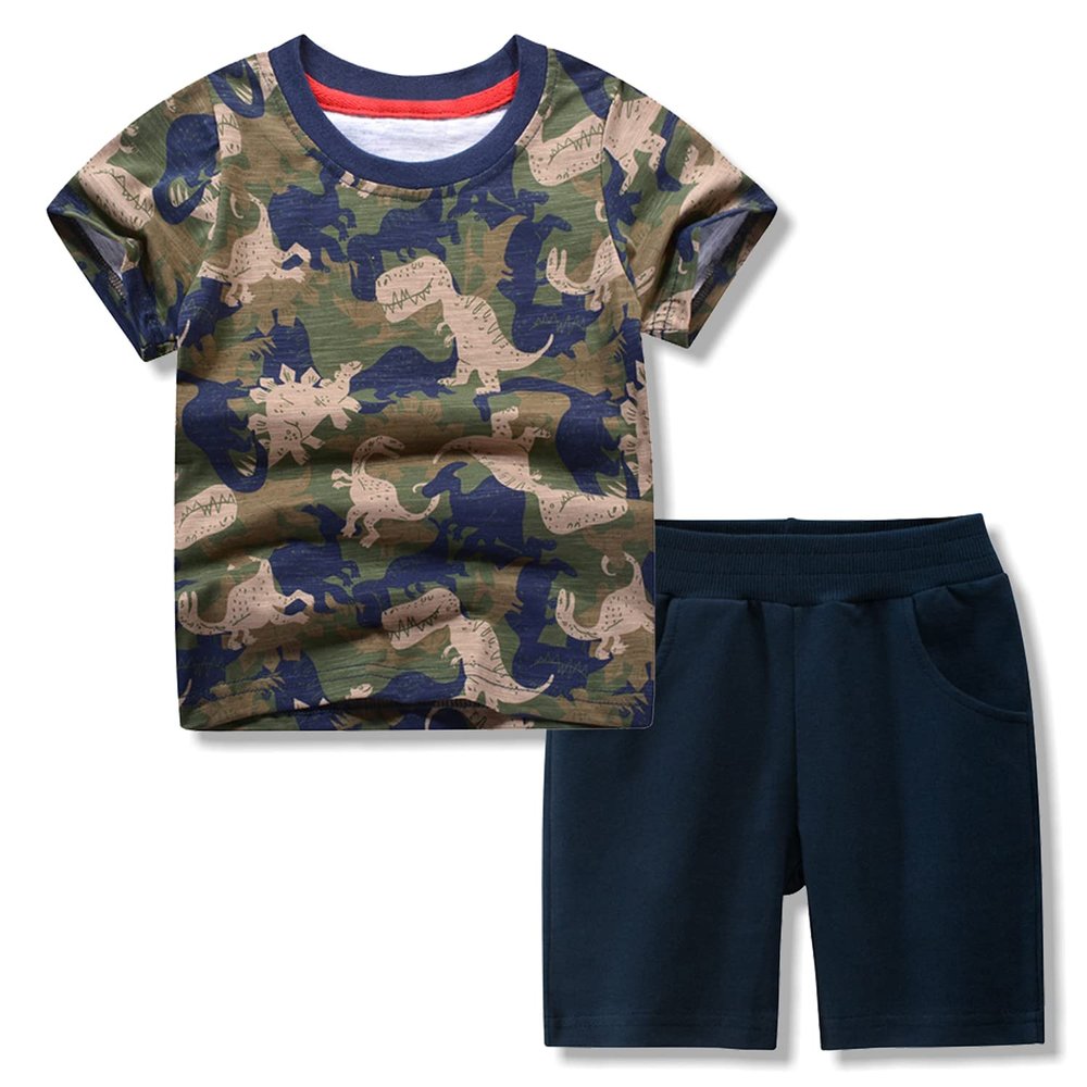 ACESTAR Toddler Boys Summer Cotton Clothes Sets Tee Shirts and Short Set Kids 2 Pcs Short Sleeve Cartoon Dinosaur Printing Outfits for Little Kids Boy (Camouflage Dinosaur,7T)