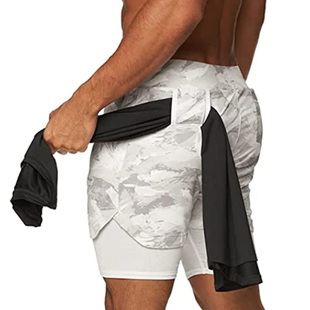 BOOMLEMON Men's 2 in 1 Running Shorts 5" Quick Dry Gym Athletic Workout Shorts for Men with Phone Pockets(Camo White 3XL)