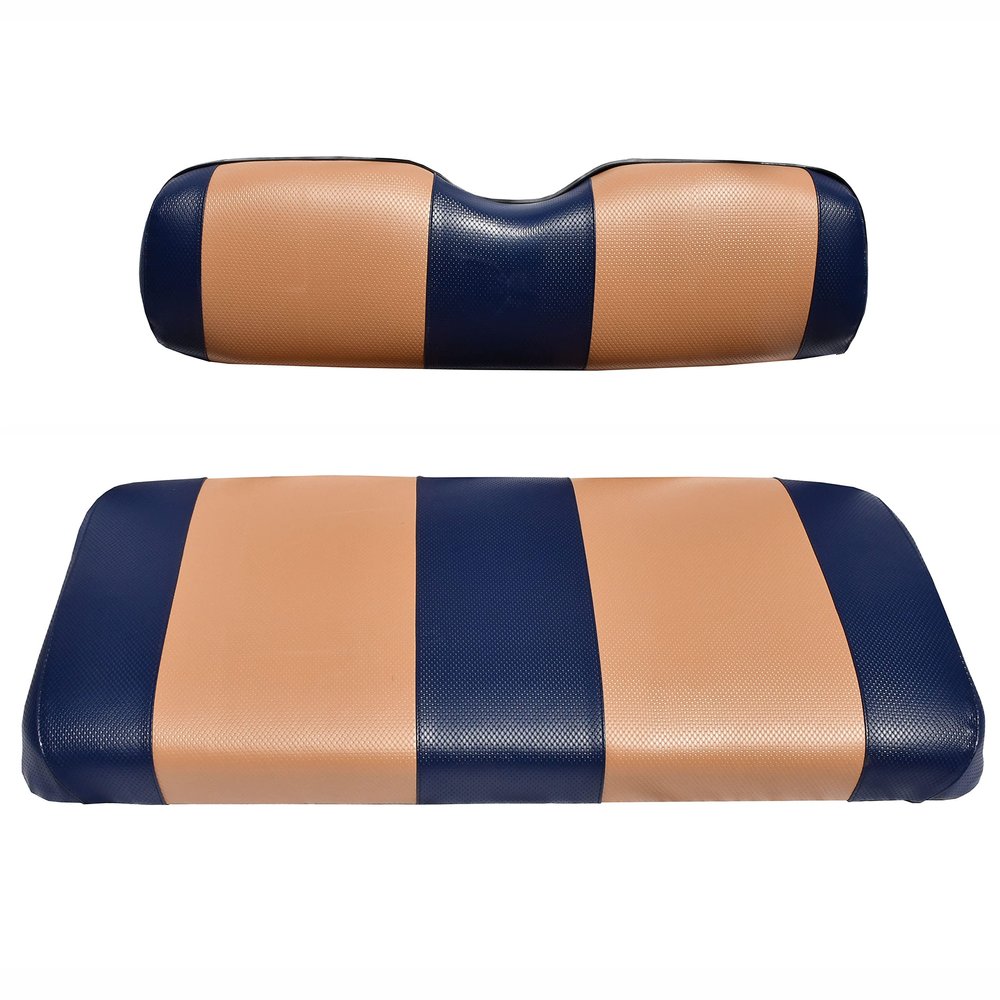 EZGO TXT Replacement Golf Cart Seat Cover Staple On Installation - 2 Piece - Premium Marine Vinyl - 5 Panel Stitching - Two-Tone (Blue & Tan)