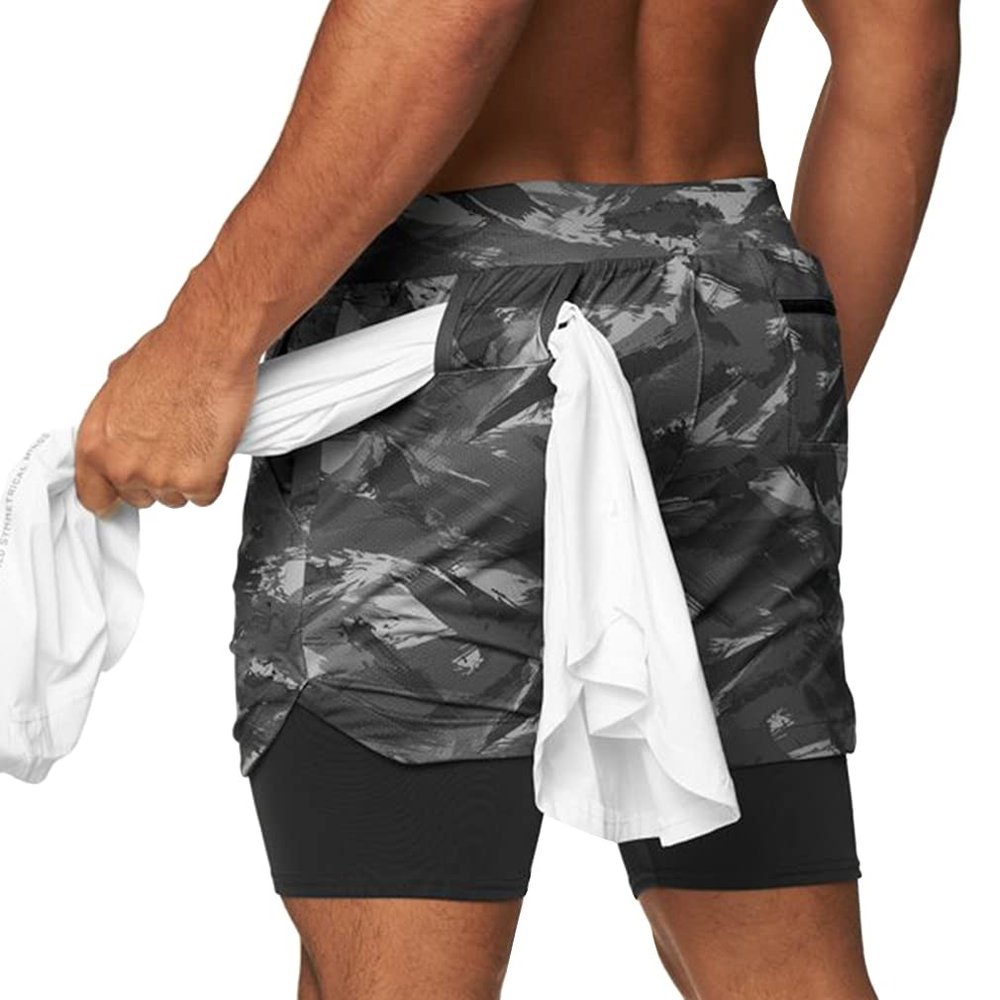 BOOMLEMON Men's 2 in 1 Running Shorts 5" Quick Dry Gym Athletic Workout Shorts for Men with Zip Pockets(Camo Grey XS)