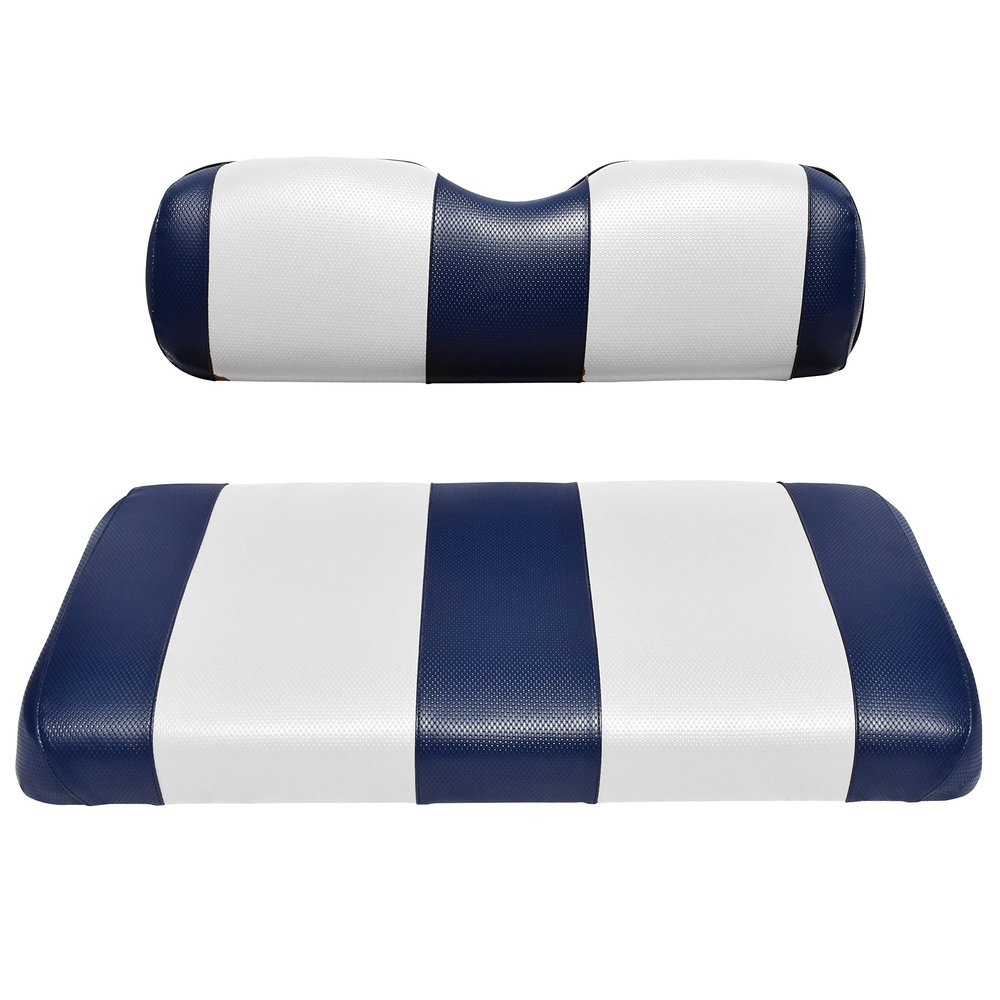 EZGO TXT Replacement Golf Cart Seat Cover Staple On Installation - 2 Piece - Premium Marine Vinyl - 5 Panel Stitching - Two-Tone (Blue & White)