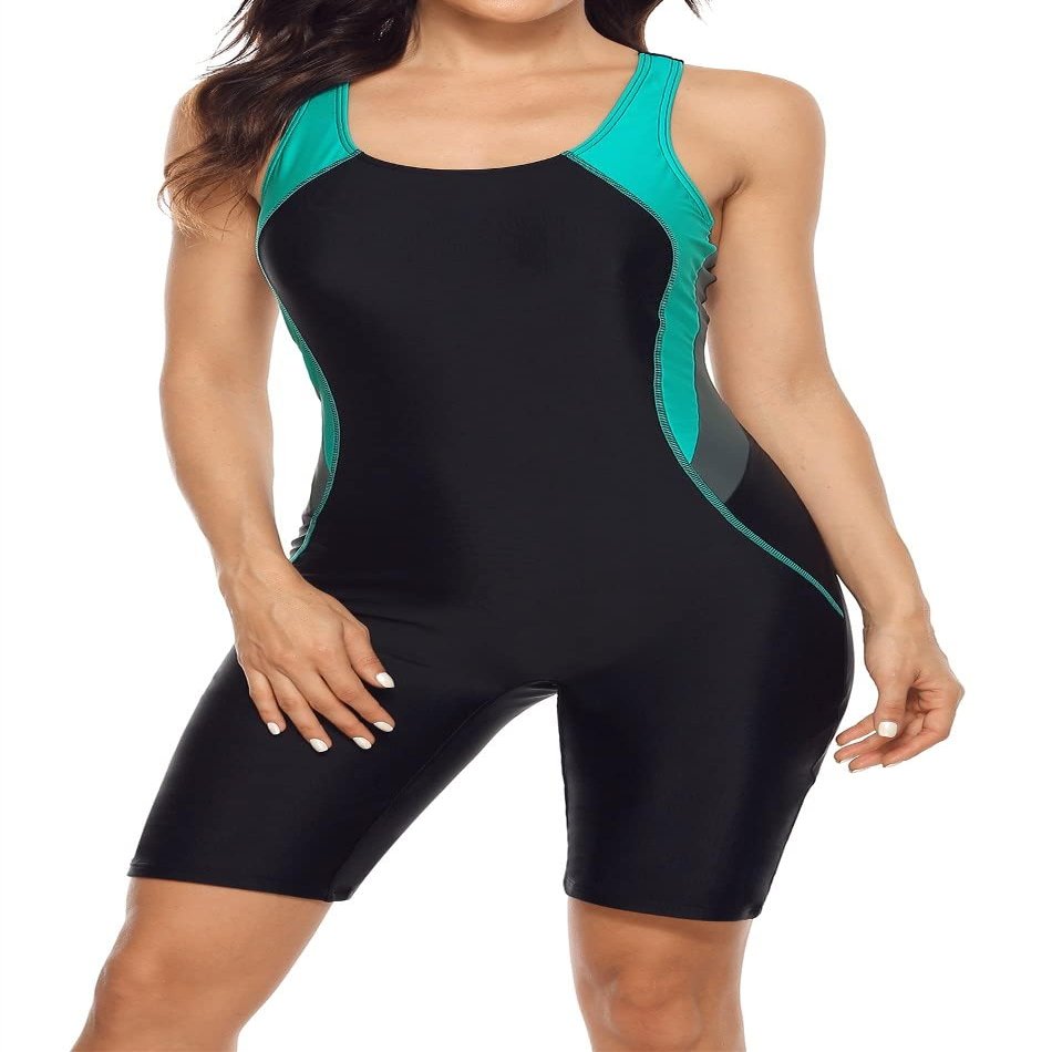 beautyin Unitard Swimsuit for Women One Piece Lap Swimming Suit Racerback Boyleg Swimsuit Aqua/Black
