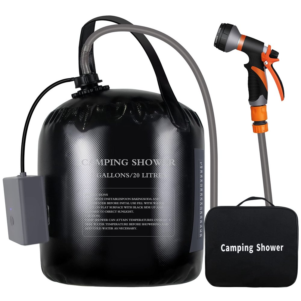 AZXJC Portable Camping Shower, 5gallons/20 liters Rechargeable air Pump Outdoor Electric Camping Shower, 8 Spray Modes, Solar Heating Black PVC airbag, Built-in Thermometer, Beach, Camping, Hiking