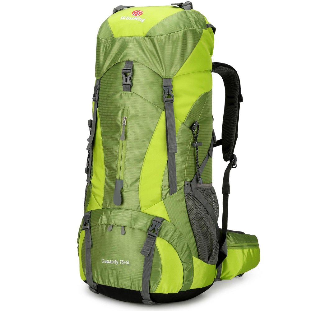 WintMing 75L Hiking Backpack with Rain Cover Waterproof Camping Backpack Shoes Warehouse for Men Women, Frameless (Olive Green)