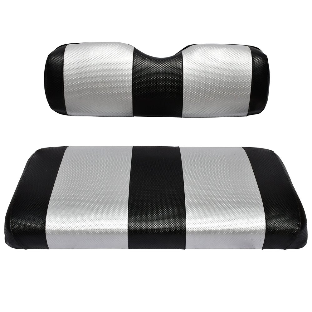 EZGO TXT Replacement Golf Cart Seat Cover Staple On Installation - 2 Piece - Premium Marine Vinyl - 5 Panel Stitching - Two-Tone (Black & Silver)