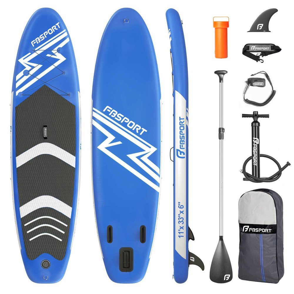 FBSPORT 11' Premium Stand Up Paddle Board, Yoga Board with SUP Accessories & Carry Bag | Wide Stance, Surf Control, Non-Slip Deck, Leash, Paddle and Pump for Youth & Adult (Blue)