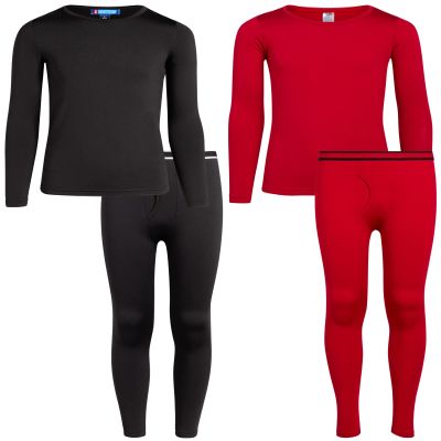 ONLY BOYS Thermal Underwear Set - 4 Piece Brushed Fleece Thermal Top and Long Johns for Boys, Size 4-5, Black/Red