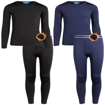 ONLY BOYS Thermal Underwear Set - 4 Piece Brushed Fleece Thermal Top and Long Johns for Boys, Size 4T, Black/Navy