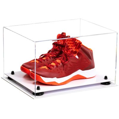 Better Display Cases Acrylic Shoe Pair Display Case - Large Rectangle Box with Clear Case, White Base and Black Risers 15.25" x 12" x 9" (V13/A082)