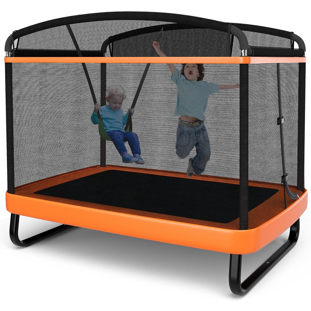 Giantex 6 Ft Kids Trampoline with Swing, Max Load 220lbs, Indoor Small Trampolines for 2 Kids, with Safety Enclosure Net, Built-in Zipper, ASTM Approved Toddler Rectangle Trampoline for 3-8 Year Old