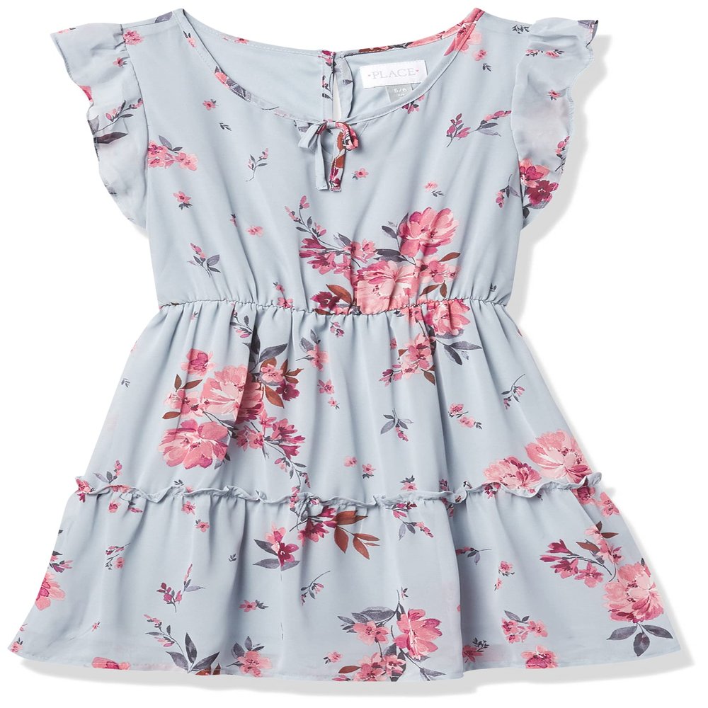 The Children's Place,Girls Floral Tiered Dress,Smoky Blue,S (5/6)