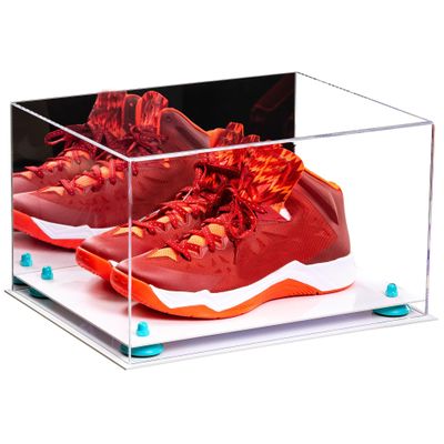 Better Display Cases Acrylic Shoe Pair Display Case - Large Rectangle Box with Mirror Case, White Base and Light Blue Risers 15.25" x 12" x 9" (V13/A082)