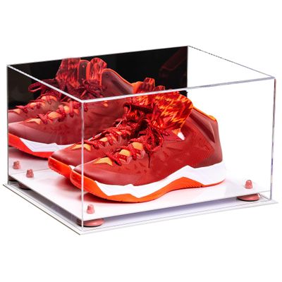 Better Display Cases Acrylic Shoe Pair Display Case - Large Rectangle Box with Mirror Case, White Base and Pink Risers 15.25" x 12" x 9" (V13/A082)