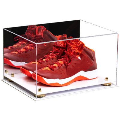 Better Display Cases Acrylic Shoe Pair Display Case - Large Rectangle Box with Mirror Case, White Base and Gold Risers 15.25" x 12" x 9" (V13/A082)