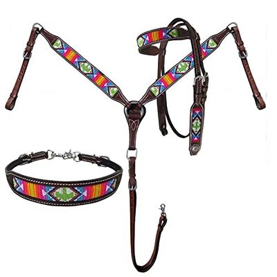 Brightly Beaded Southwest and Cactus 3 Piece Headstall and Breastcollar Set.