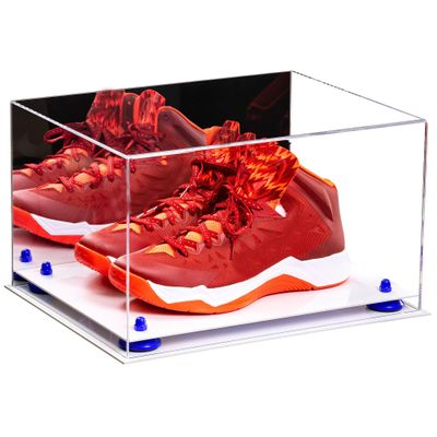 Better Display Cases Acrylic Shoe Pair Display Case - Large Rectangle Box with Mirror Case, Navy Blue Risers and White Base 15.25" x 12" x 9" (V13/A082)