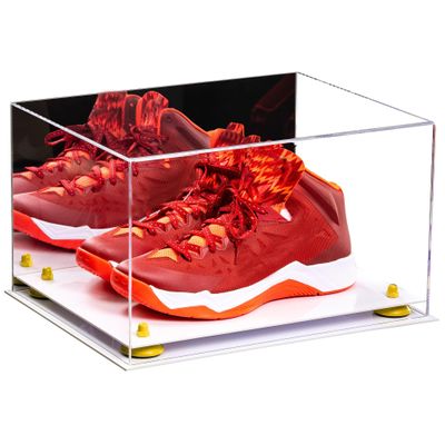 Better Display Cases Acrylic Shoe Pair Display Case - Large Rectangle Box with Mirror Case, White Base and Yellow Risers 15.25" x 12" x 9" (V13/A082)