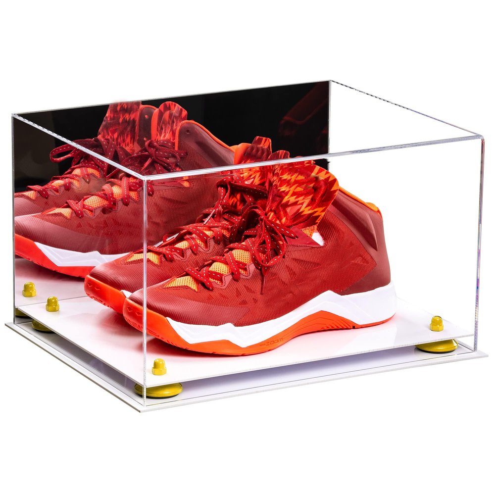 Better Display Cases Acrylic Shoe Pair Display Case - Large Rectangle Box with Mirror Case, White Base and Yellow Risers 15.25" x 12" x 9" (V13/A082)