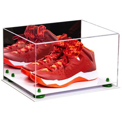 Better Display Cases Acrylic Shoe Pair Display Case - Large Rectangle Box with Mirror Case, White Base and Green Risers 15.25" x 12" x 9" (V13/A082)