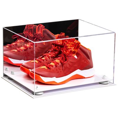Better Display Cases Acrylic Shoe Pair Display Case - Large Rectangle Box with Mirror Case, White Base and White Risers 15.25" x 12" x 9" (V13/A082)