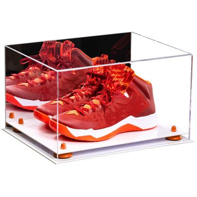 Better Display Cases Acrylic Shoe Pair Display Case - Large Rectangle Box with Mirror Case, White Base and Orange Risers 15.25" x 12" x 9" (V13/A082)