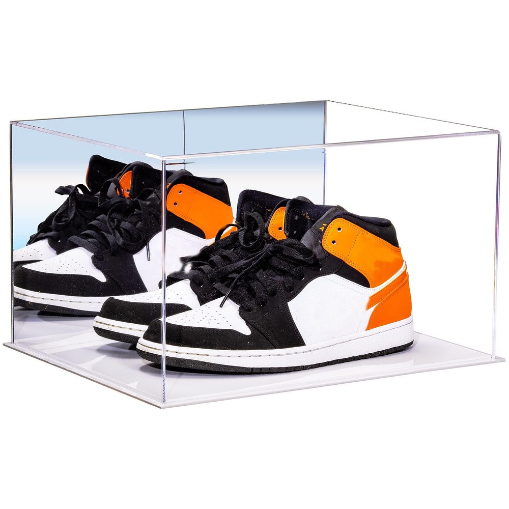 Better Display Cases Acrylic Shoe Pair Display Case - Large Rectangle Box with Mirror Case and White Base 15.25" x 12" x 9" (V13/A082)