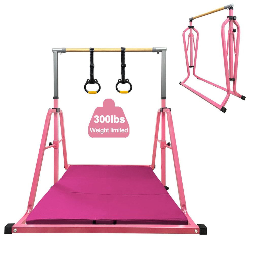 BYBAG Foldable Gymnastics Kip Bar,Horizontal Bar for Kids Girls Junior,No Wobble Gym Equipment for Home Indoor,3' to 5' Adjustable Height,Gymnasts 1-4 Levels,300 lbs Weight Capacity(LIGHTPINK)