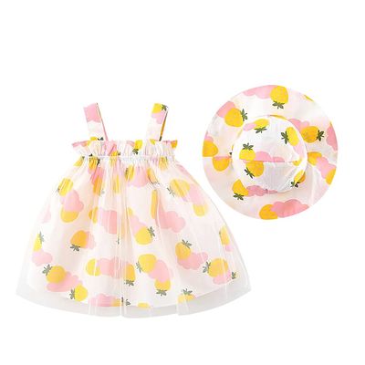 IMEKIS Hawaiian Outfit for Baby Girl Toddler Beach Summer Hawaii Sundress with Straw Hat 1st Birthday Outfit Ruffle Sleeve Dresses Holiday Casual Clothes Colorful Strawberry 6-9 Months