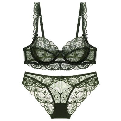 Guoeappa Women's Lace Bra and Panty Set Underwire Lingerie Cup Sized (32B-40D) Unlined Sheer Bra Matching Panties 2 Piece(Dark Green,36B)